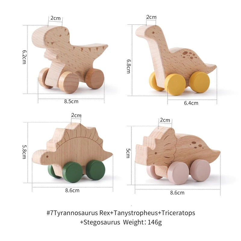 Beech Wooden Dinosaur Cartoon Car Teether Montessori Toys