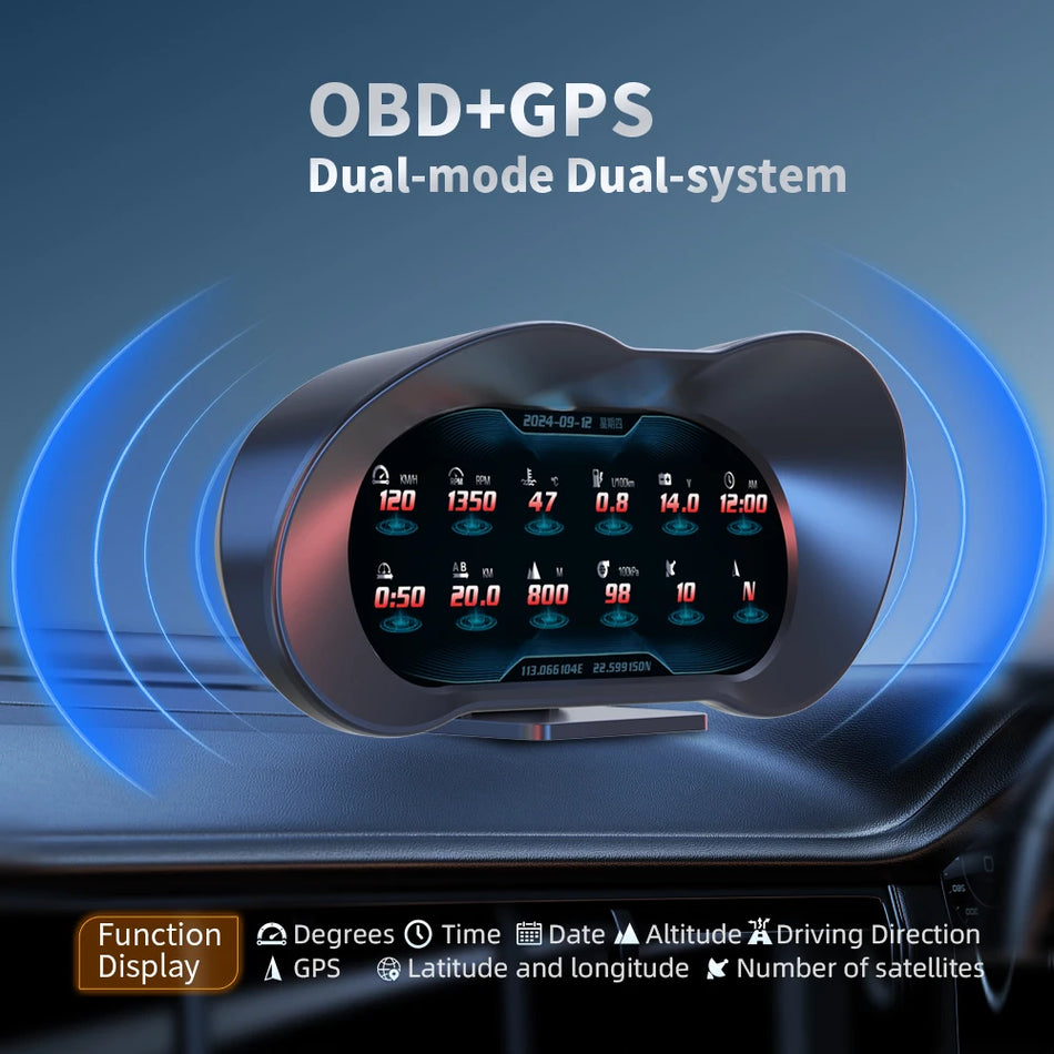 OBD2 LCD Nopeusmittari Tuulilasinäyttö Autoille, Monitoiminen Herätyskello