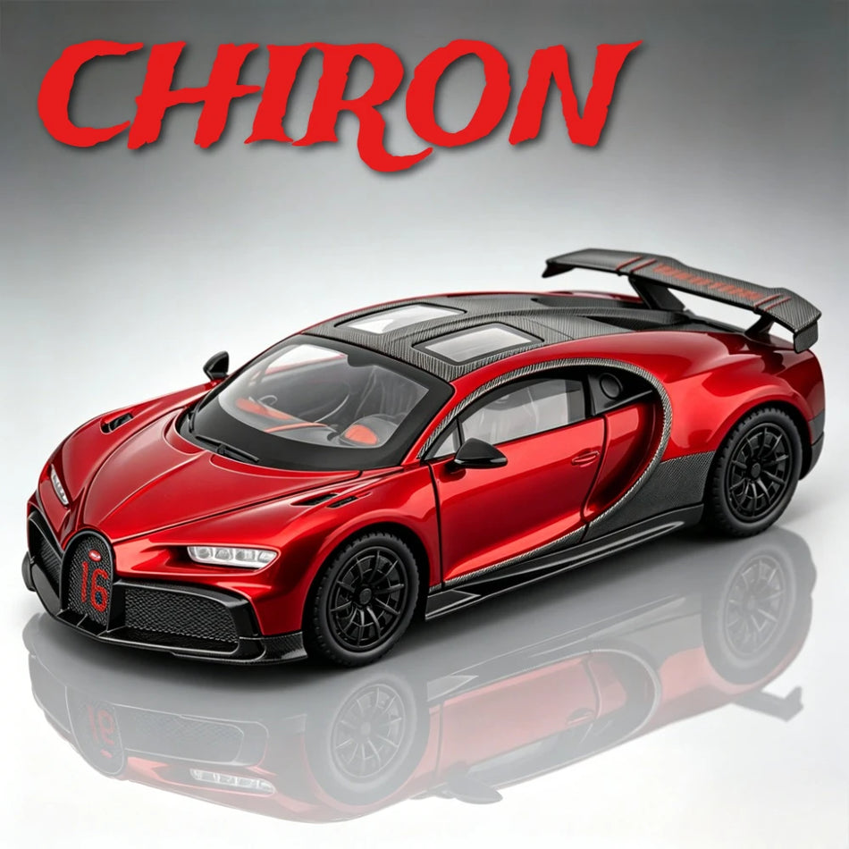 Modelo de coche Diecast Chiron 1:24 con carrocería de metal, chasis de plástico, sonido y luz.
