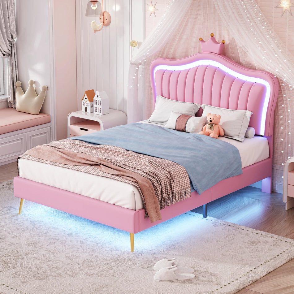 Růžový korunní dětský rám postele 90x200 PU kůže s LED