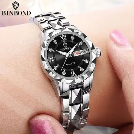BINBONG Luxury Ladies Quartz Watch - Waterproof &amp; Luminous Silver Black Ms