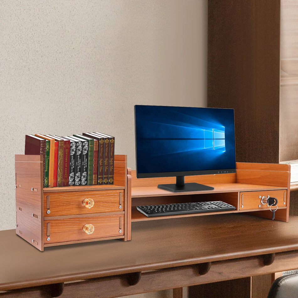 Supporto per Monitor da Tavolo in Legno con Cassetti e Porta Telefono