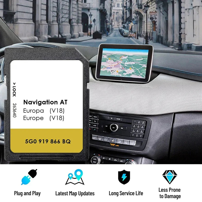 Tarjeta SD de Navegación GPS Mapas de Europa para Volkswagen Navi V18