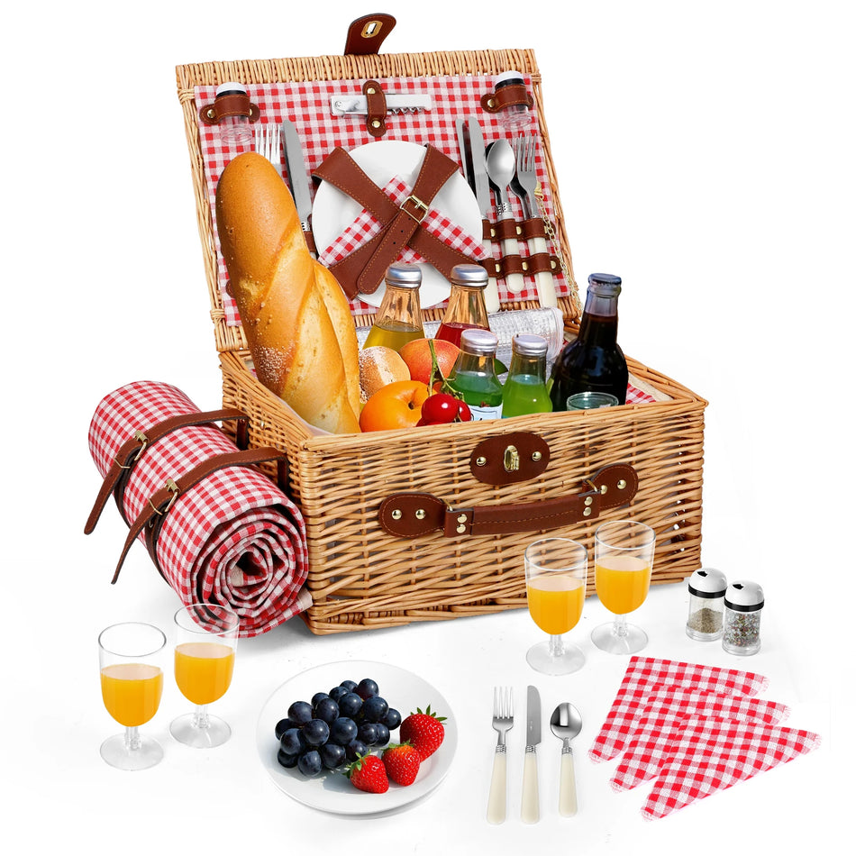 Coș de picnic din salcie făcut manual pentru patru persoane cu pătură și tacâmuri