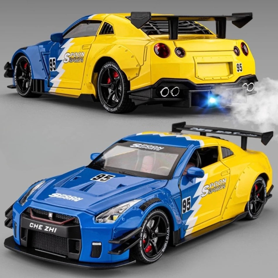 Mașină GTR R34 din metal turnat la scară 1:24 cu sunet, retragere, uși deschise, lumină