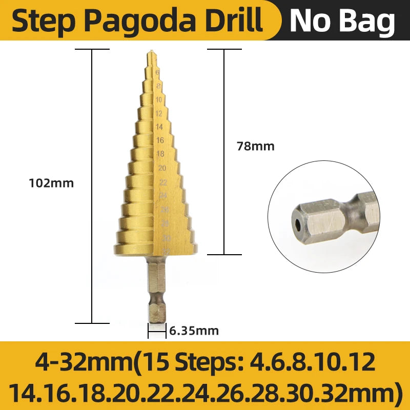 HSS Titanium Step Drill Bit Set for Metal &amp; Wood - High-Speed Steel, 4-12mm, 4-20mm, 4-32mm 4-32