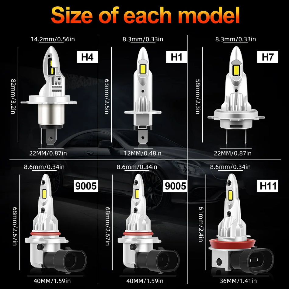 Lâmpada Universal LED para Farol AllCar H4 H11 H8 9005 9006 com CSP, 30000LM, 6000K, Sem Ventoinha 12V