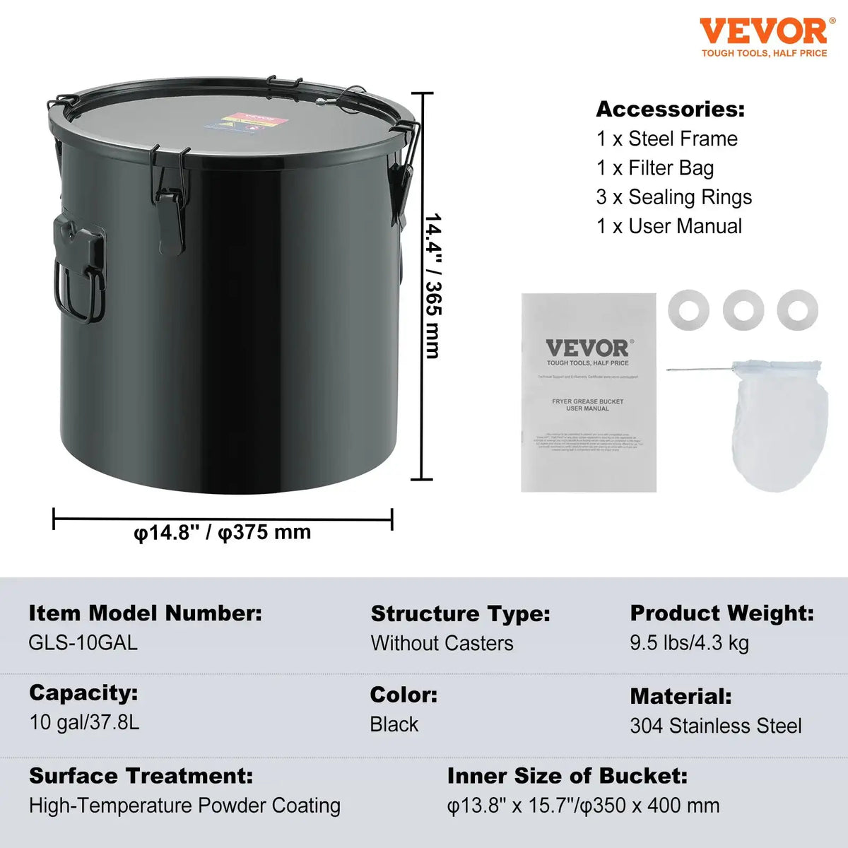10 Gal Fryer Grease Bucket Carbon Steel Rustproof Lock Clips stainless steel / spain