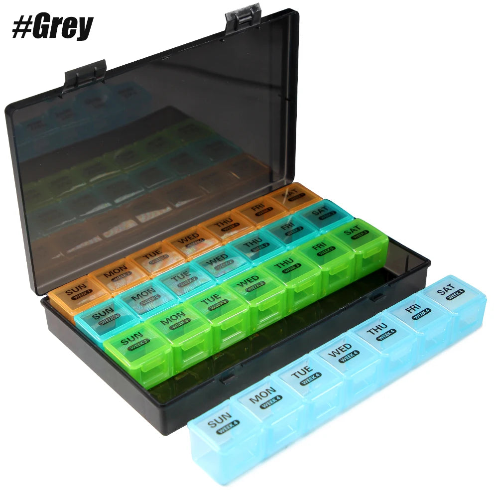 Monthly Pill Organizer with Moisture-Proof 4 Weeks Compartments, Ideal for Vitamins &amp; Supplements Management Grey
