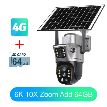 LS VISION 4G SIM Card Solar Camera 10X Zoom CCTV Battery Cameras Outdoor 2 Screen Security Surveillance Ai Tracking Cam V380PRO 6K 10xZoom Add 64G / CHINA