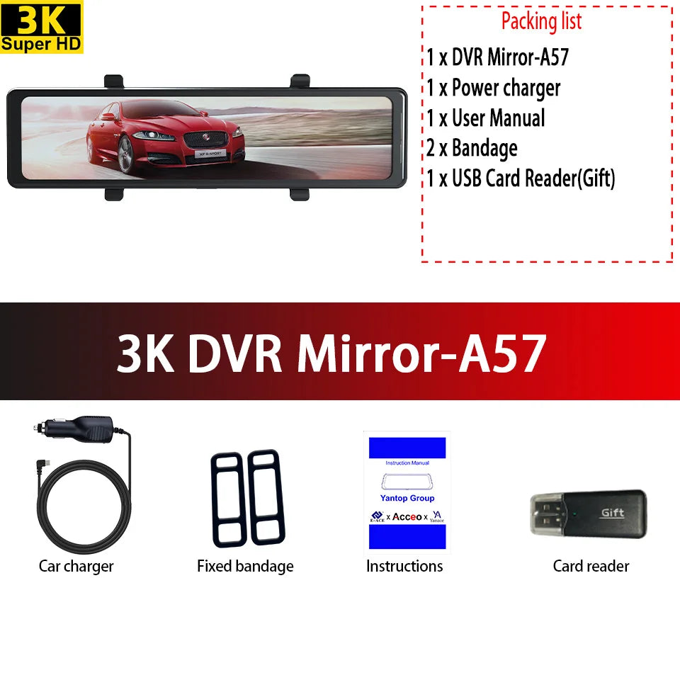 Acceo Car DVR 3K Rear View Mirror - 2.5K Dual Lens GPS Only 3K Mirror DVR / 128G