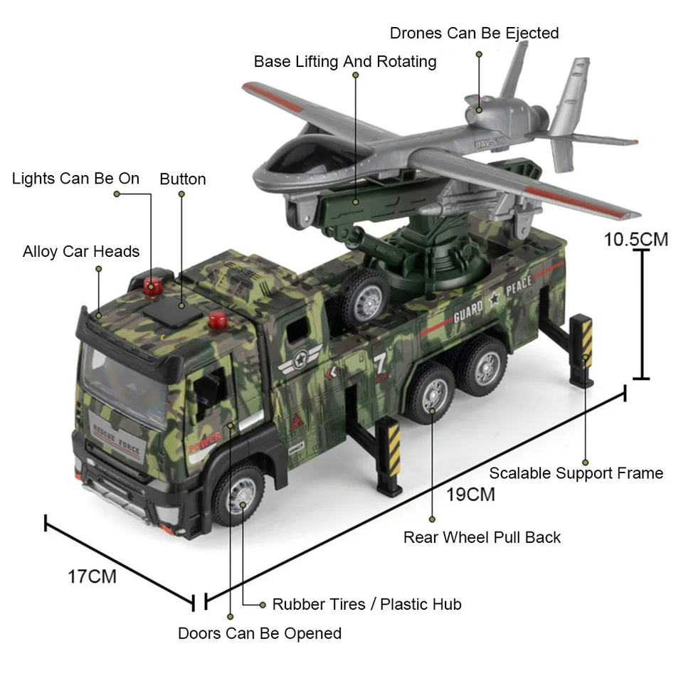 Model zabawki samochodu z wyrzutnią rakietową, dronem, diecast, z funkcją pociągania do tyłu oraz dźwiękiem i światłem dla DUFFDUN.