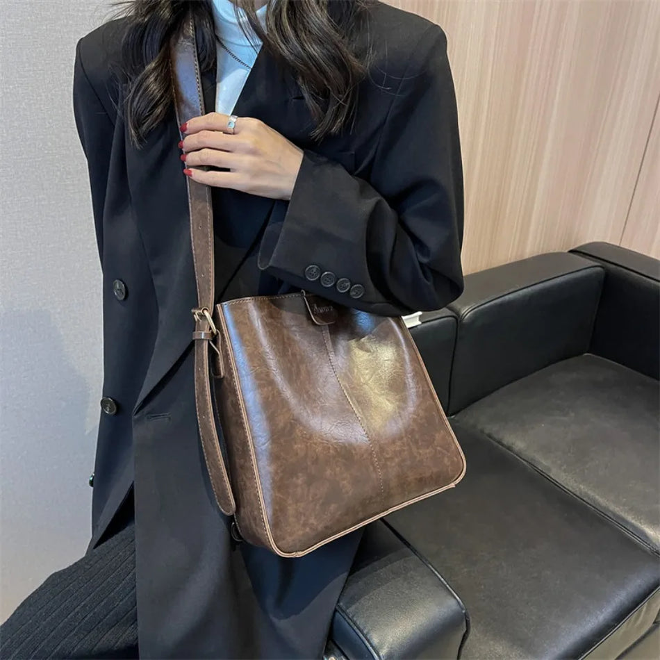 Geantă tote retro din două piese pentru femei cu bretea lată, piele PU uleioasă, crossbody, capacitate mare și portofel mic