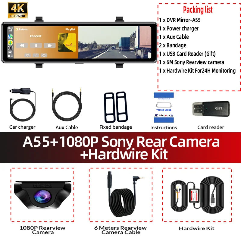 Acceo 4K Dashcam Rearview Mirror Car DVR - Wireless CarPlay A55-6M RCC-KIT / 64G