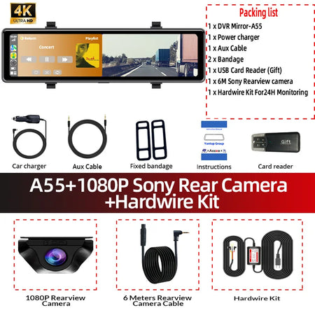 Acceo 4K Dashcam Rearview Mirror Car DVR - Wireless CarPlay A55-6M RCC-KIT / 64G