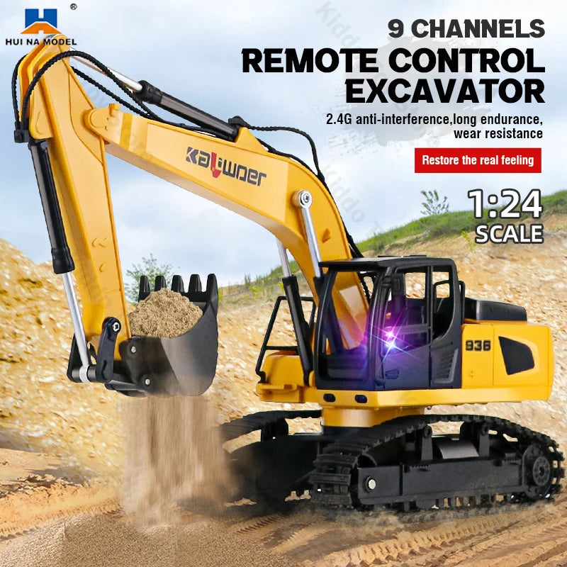Conusea Excavadora RC 1/24 Juguete con Luces y Sonidos, 9CH Eléctrico