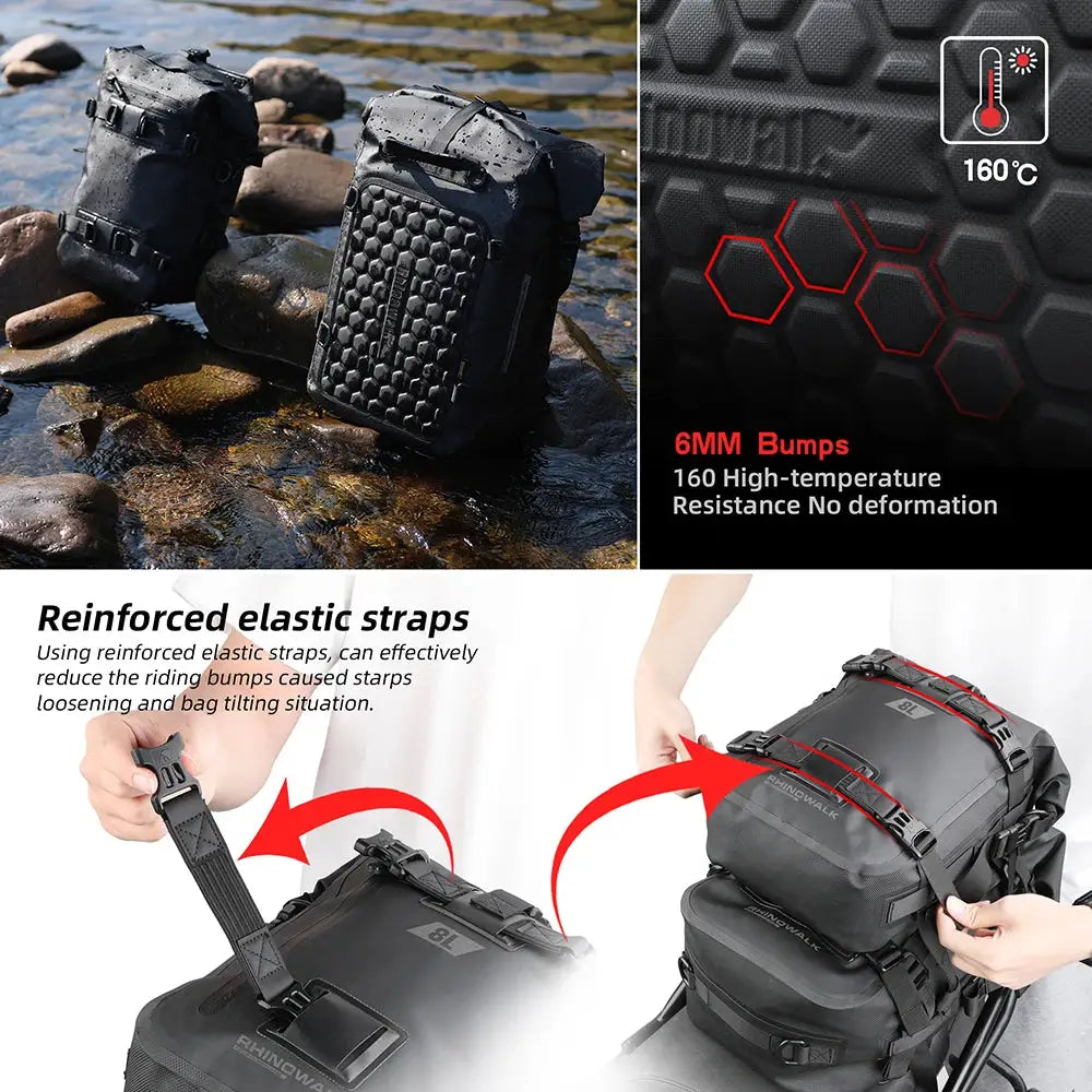 Rhinowalk Motorcycle Back Seat Bag 100% Waterproof Dry Cycling Backpack Tail Bag 8L/15L/30L For Long Distance Saddle Pack 1 PC by InterCyprus Trading Ltd