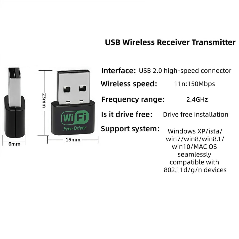 150Mbps USB WiFi адаптер 2.4GHz за Windows 7-10, Mac OS