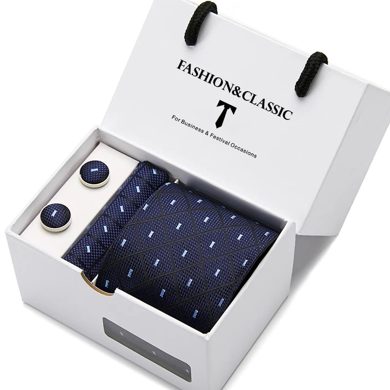 VanGise Blue Dot Tie Set with Pocket Square and Cufflinks for Men