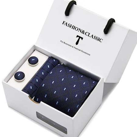 VanGise Blue Dot Tie Set with Pocket Square and Cufflinks for Men