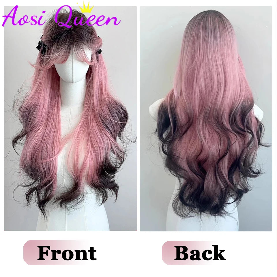 AosiQueen Black Pink Ombre Long Wavy Synthetic Wig with Bangs for Cosplay
