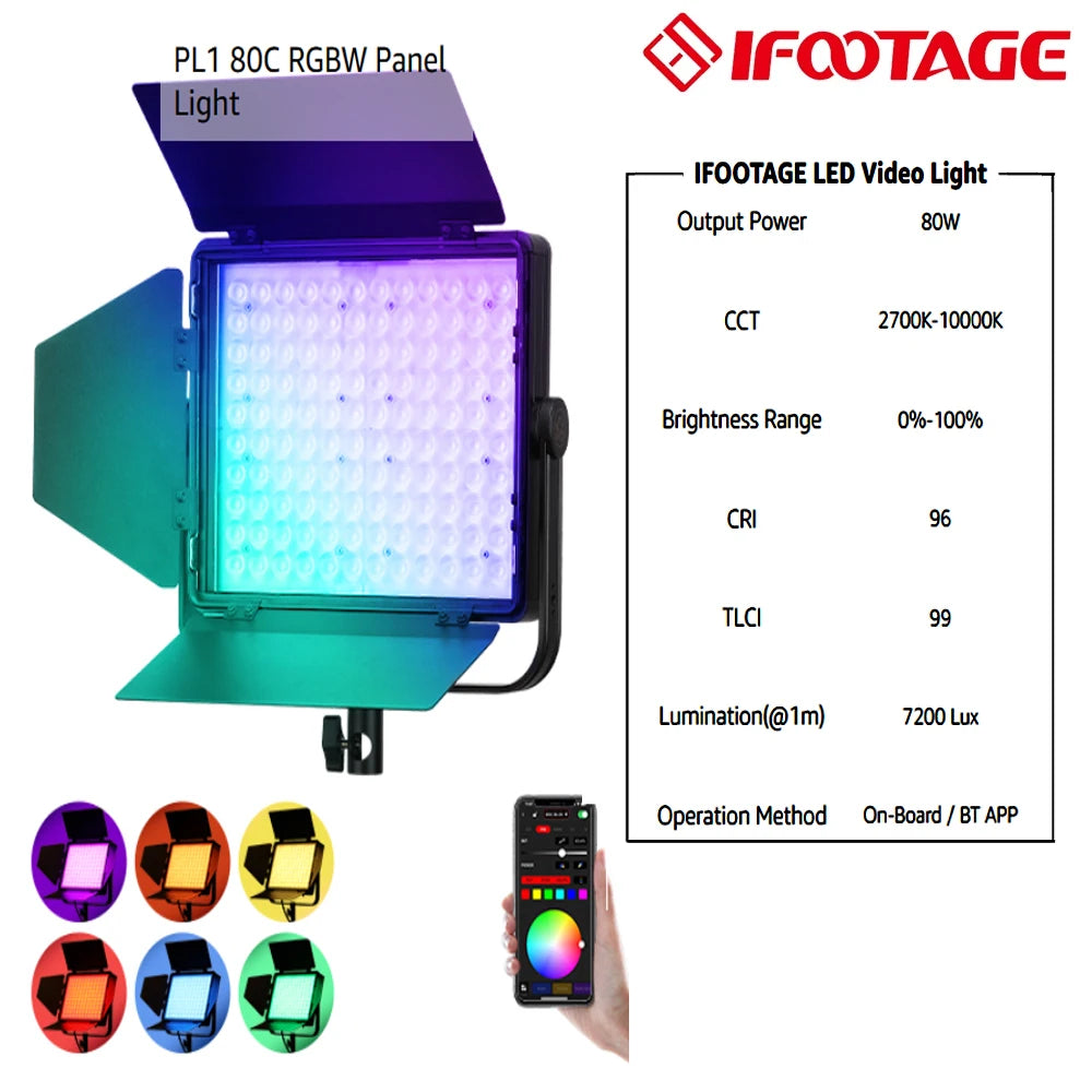 IFOOTAGE PL1 80C RGBW LED Video Light &ndash; 7200 Lux At 1m