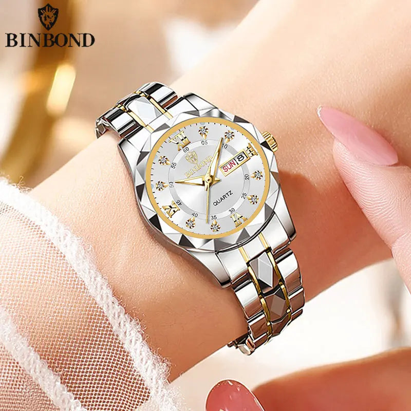 BINBONG Luxury Ladies Quartz Watch - Waterproof &amp; Luminous Gold jian White Ms