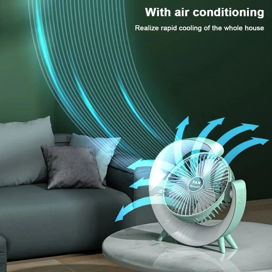 Ventilateur portable rechargeable USB avec LED 7 couleurs, réglable à 180°, 3 vitesses