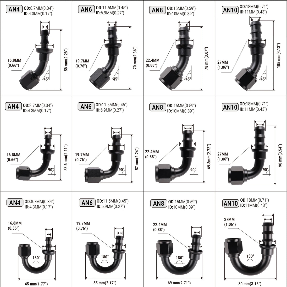 PIKBUK Universal AN4 6 8 10 12 Push-on Hose End Fittings Fuel Oil Cooler Hose Fitting 180 Degree Reusable Connection Adapter by InterCyprus Trading Ltd