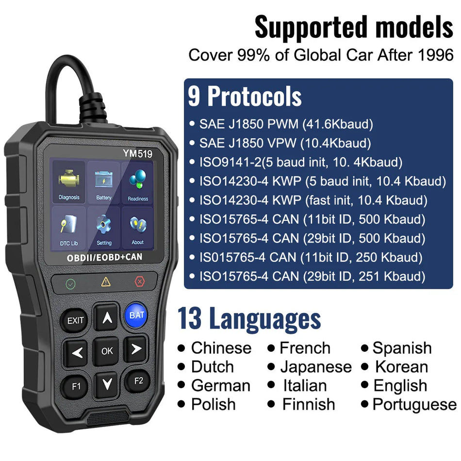 YM519 12V OBD2 Skaitytuvas, Kodo Skaitytuvas Variklio Patikrai, Akumuliatoriaus Testas
