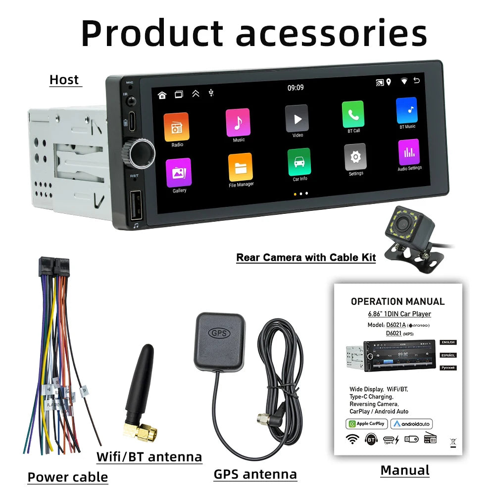 Car Stereo Single-Din GPS Navigation &ndash; Android 13 System with 6.86 Inch Touchscreen and Rear Camera Support