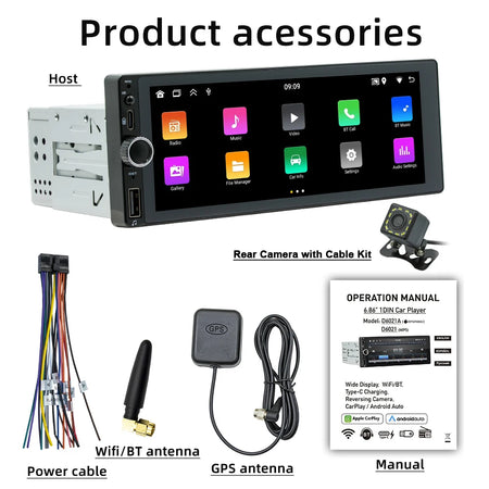 Car Stereo Single-Din GPS Navigation &ndash; Android 13 System with 6.86 Inch Touchscreen and Rear Camera Support