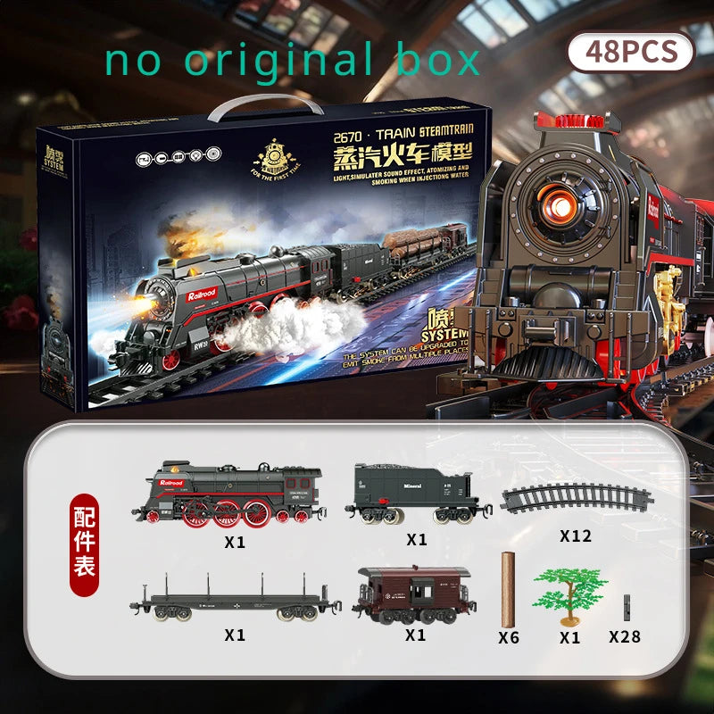 Retro Electric Steam Train Toy Set with Smoke, Lights &amp; Sound 48PC no  box