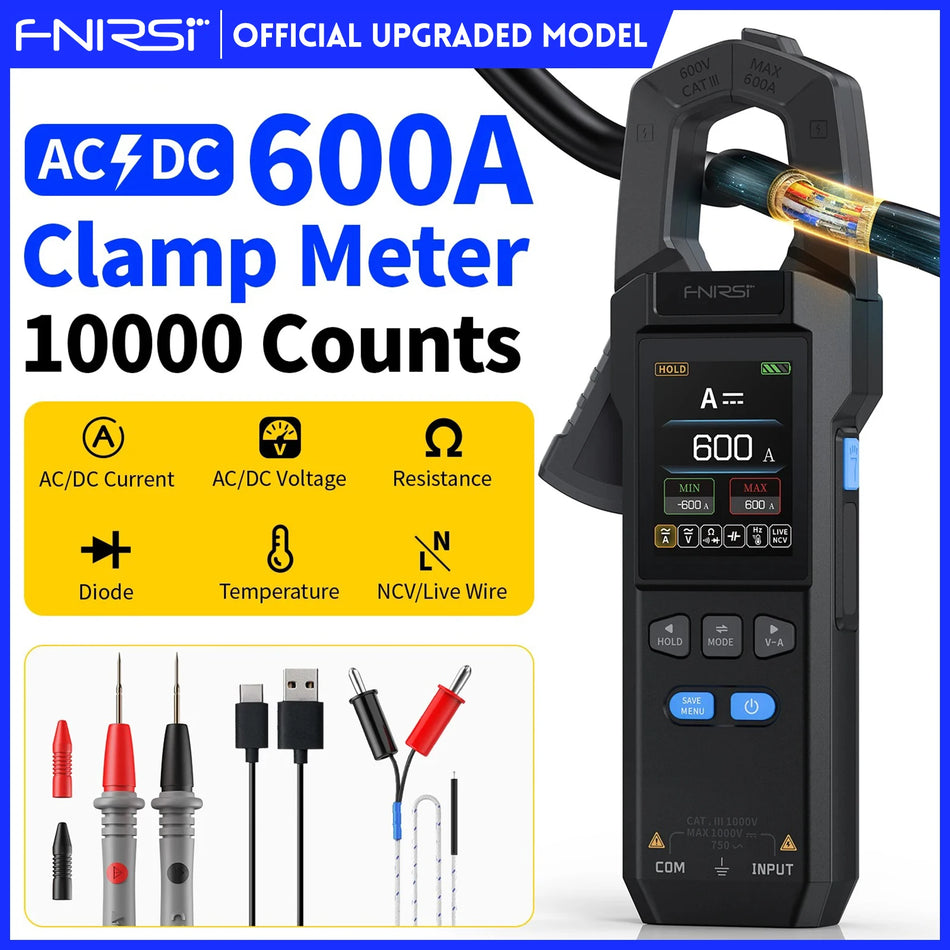 FNIRSI DMC-100 DC/AC Klämma Mätare, 750V, 10000 Räkningar, 600A USB Tester