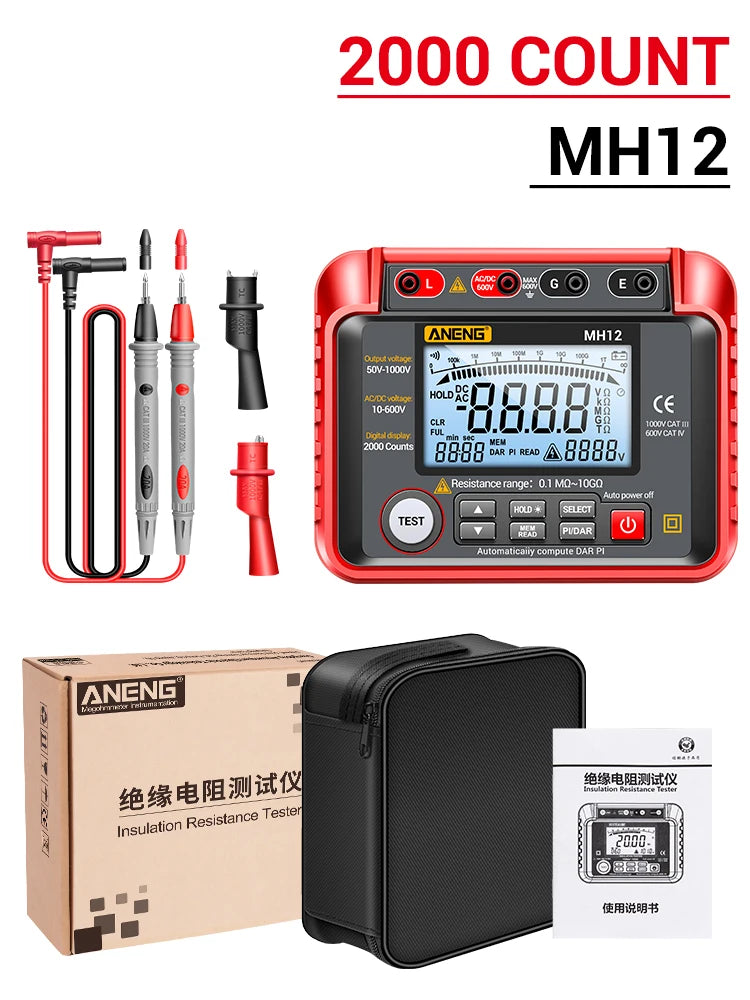 ANENG MH12 Digital Megohmmeter &ndash; Wide Measuring Range mh12  Red  with box