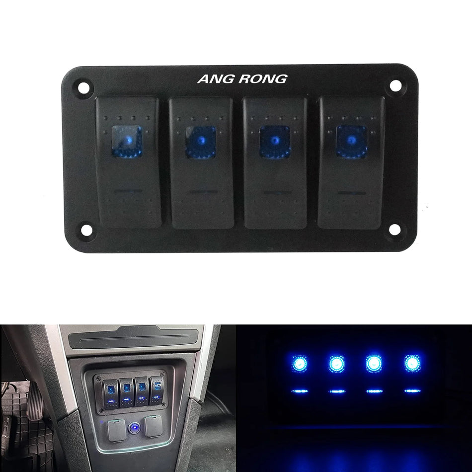 Blauwe LED 4 Gang Rocker Schakelaar Paneel Waterdicht IP66 voor 12V en 24V Voertuigen