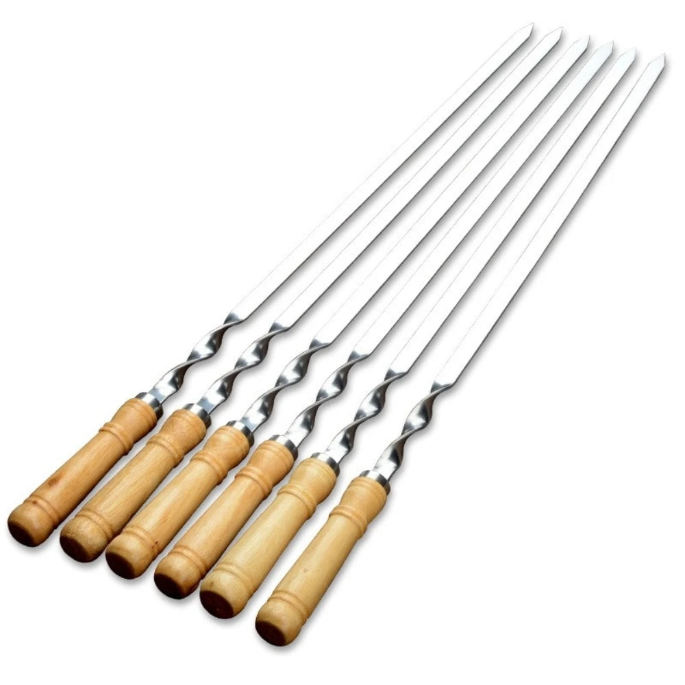 Premium 12-Piece Stainless Steel Barbecue Skewers with Wooden Handles 6PCS-1Set