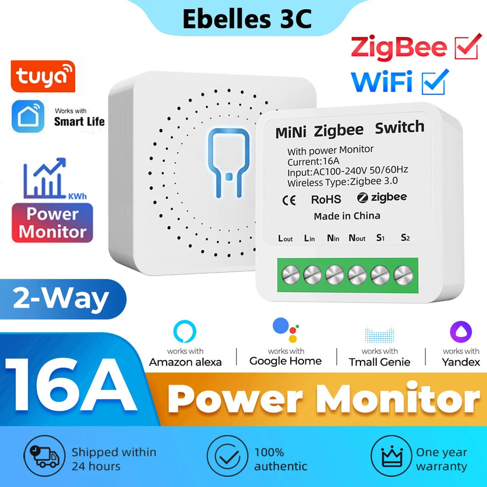 Tuya Zigbee/WiFi Mini Smart Switch with Power Monitoring &amp; Voice Control