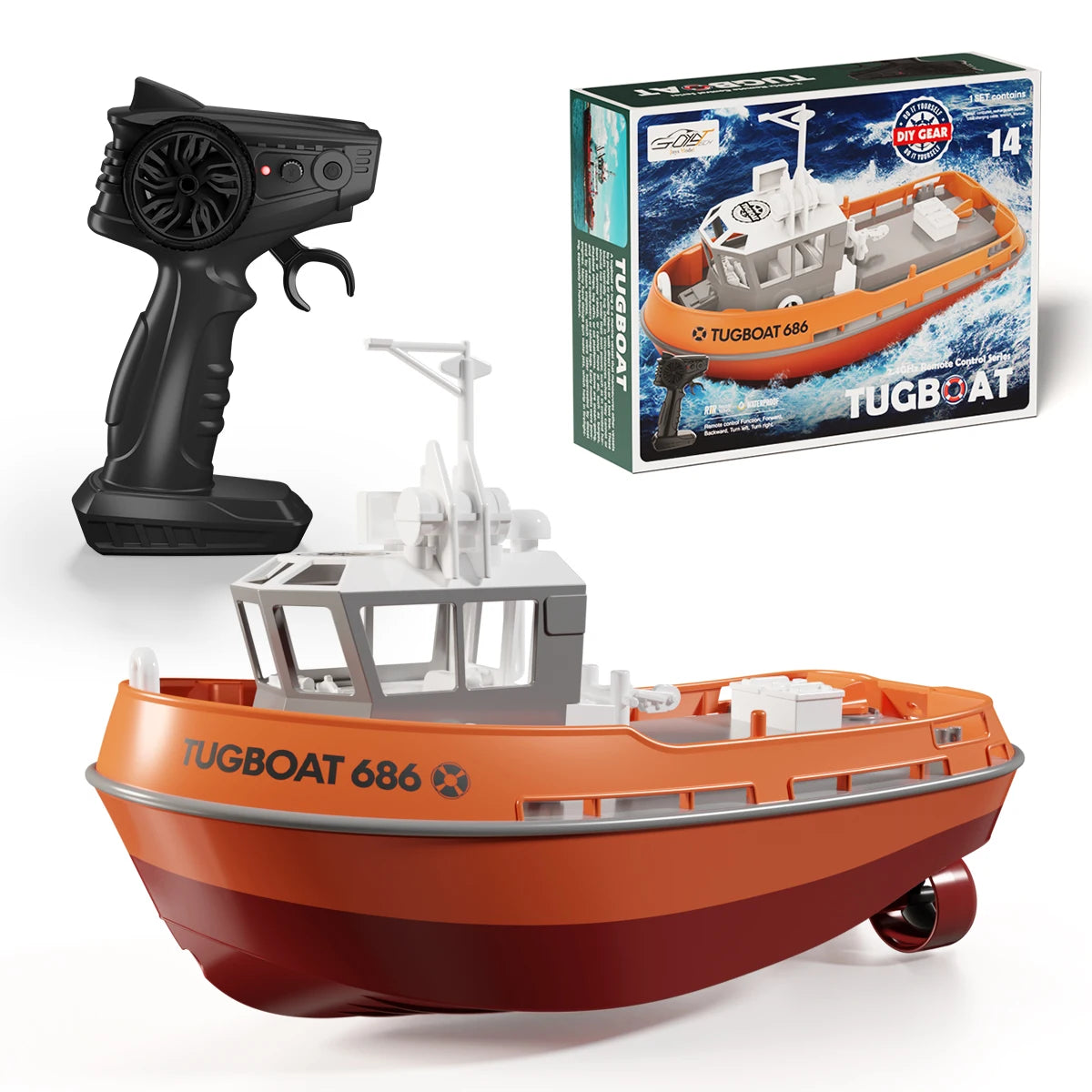Powerful 686 RC Tugboat with Dual Motor - Wireless Fun for Ages 14+ Orange