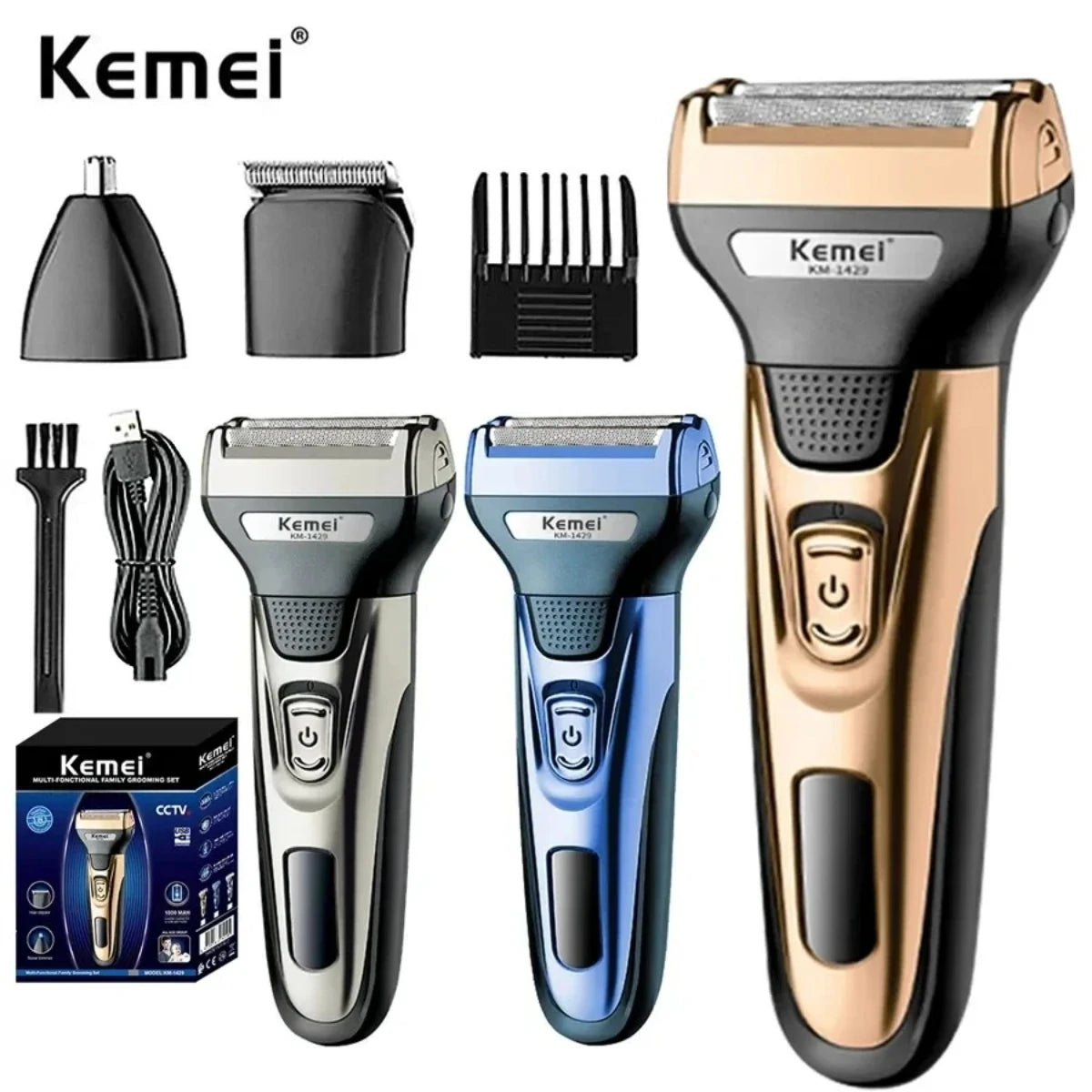 Kemei 3 in 1 Rechargeable Electric Shaver and Trimmer KM-1429 for Men