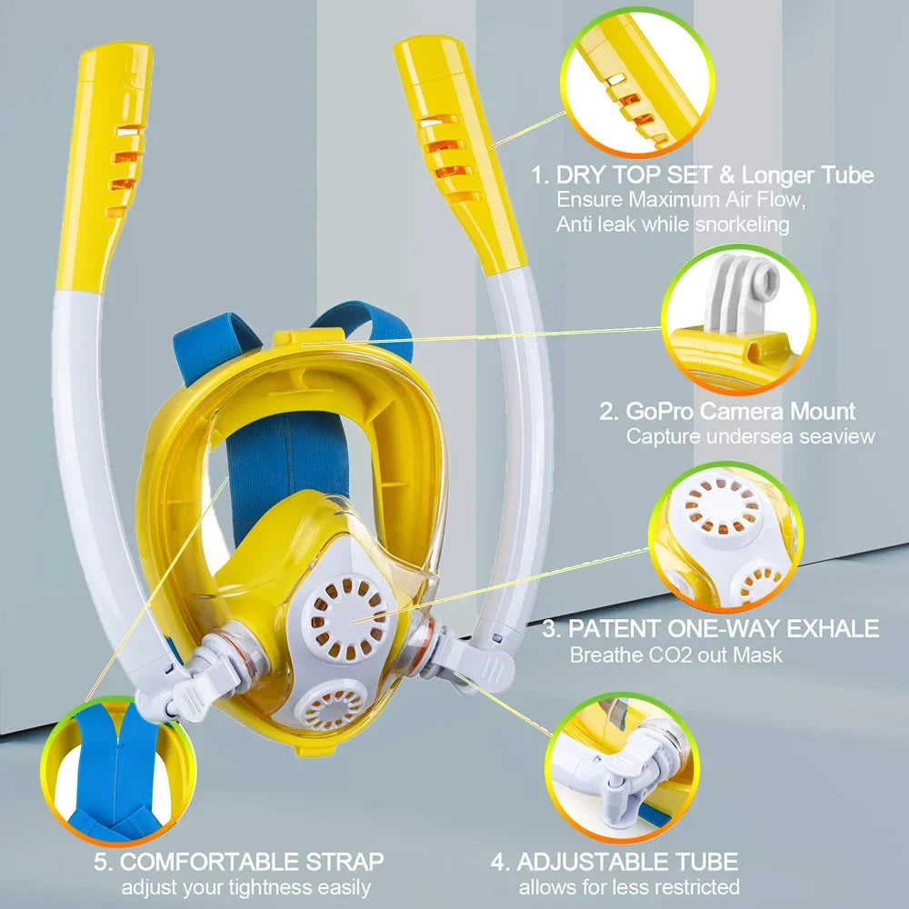 Kids Full Face Snorkel Mask - Dual Breathing Tubes