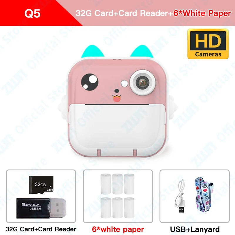 ZWN 1080P HD Instant Print Digital Camera for Kids with 32G Memory Card Q5 6Paper 32G