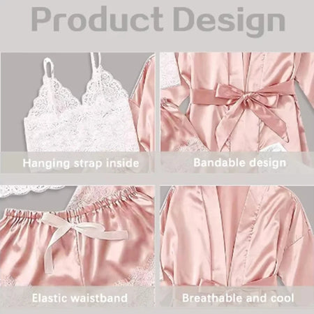Women's Sexy Lace Satin Pajama Set - 4 Piece Sleepwear Collection