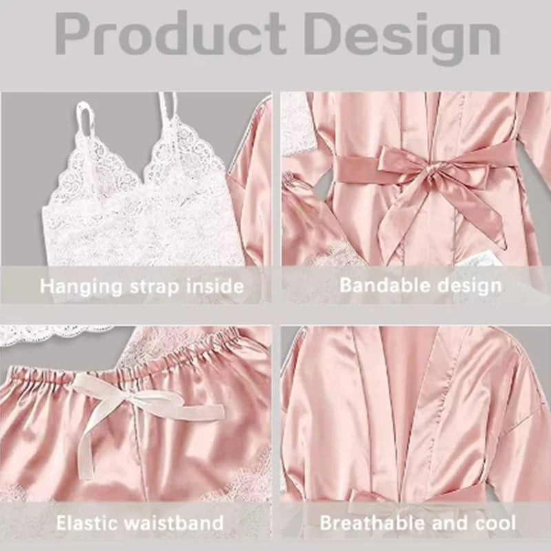 Women's Sexy Lace Satin Pajama Set - 4 Piece Sleepwear Collection