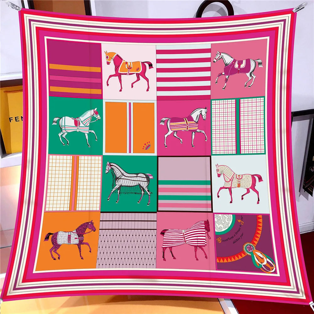 Pobing 90cm Twill Silk Scarf &ndash; Elegant Checkered Horse Print ROSE(5) / 90CM x 90CM / CHINA|>8Y