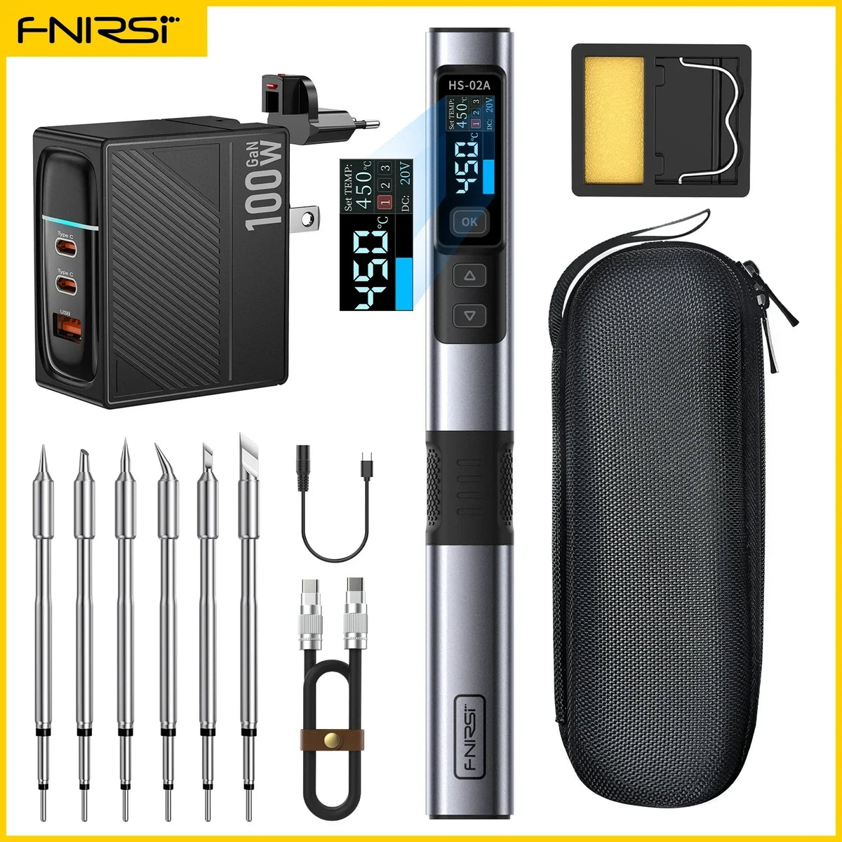 FNIRSI HS-02 Adjustable Temperature Soldering Iron &ndash; Precise 100 to 450&deg;C Control HS-02A-6 Tips-100W