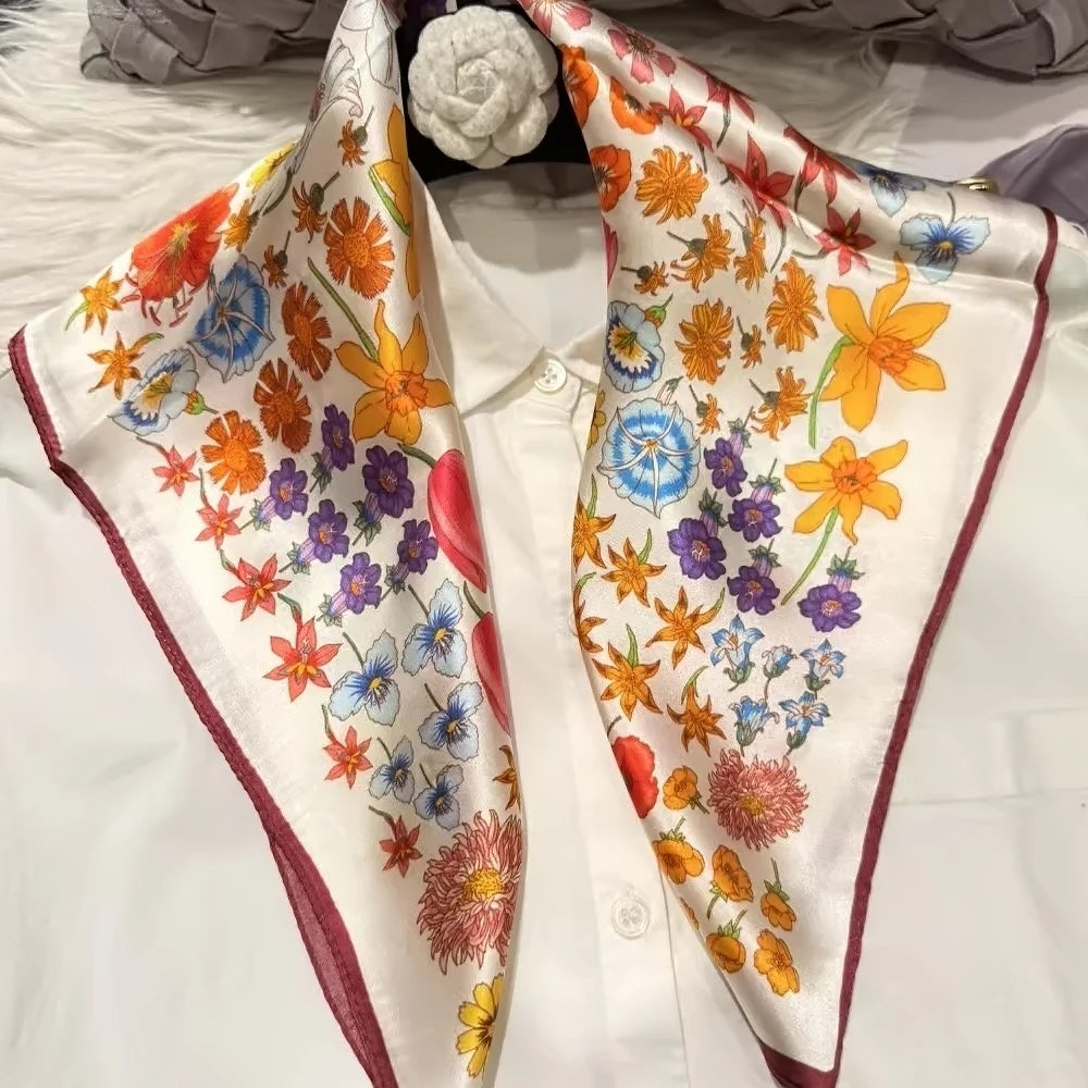 Green Women 100% Mulberry Silk Scarf &ndash; Elegant Floral Design for Versatile Styling floral beige