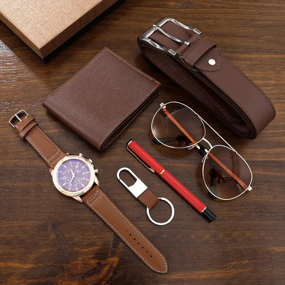 SHAARMS Men's Luxury 6-in-1 Gift Set: Watch, Glasses, Pen, Keychain, Belt &amp; Wallet