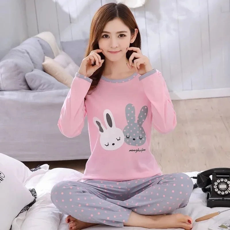 Autumn Thin 2-Piece Pajama Set - Round Neck &amp; Cartoon Style for Women