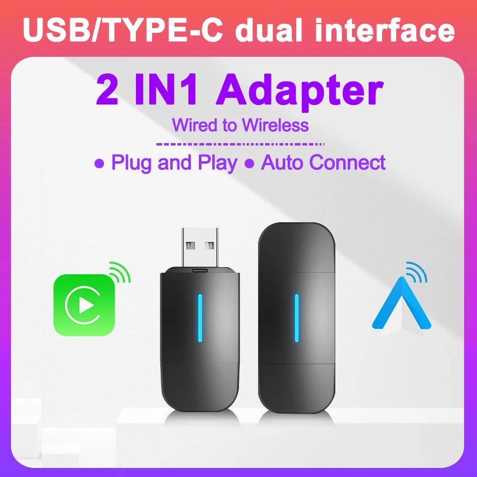 Draadloze Android Auto CarPlay-adapter met dubbele USB C-poorten, Plug and Play